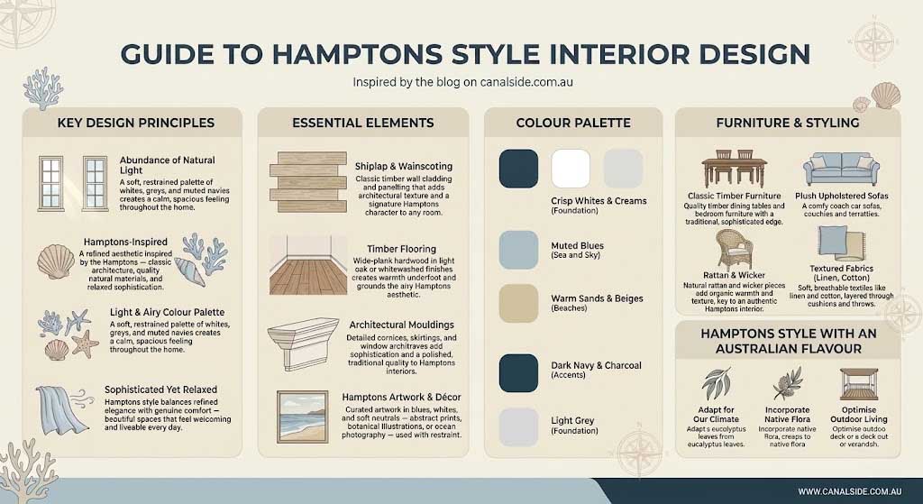 Guide to Hamptons style interior design — key design principles, essential elements, colour palette, and furniture guide for Australian homes | Canalside Interiors