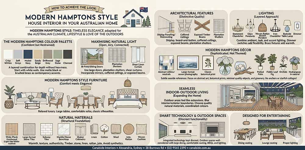 Modern Hamptons style house interior guide — colour palette, furniture, natural materials, architectural features, lighting and outdoor living | Canalside Interiors
